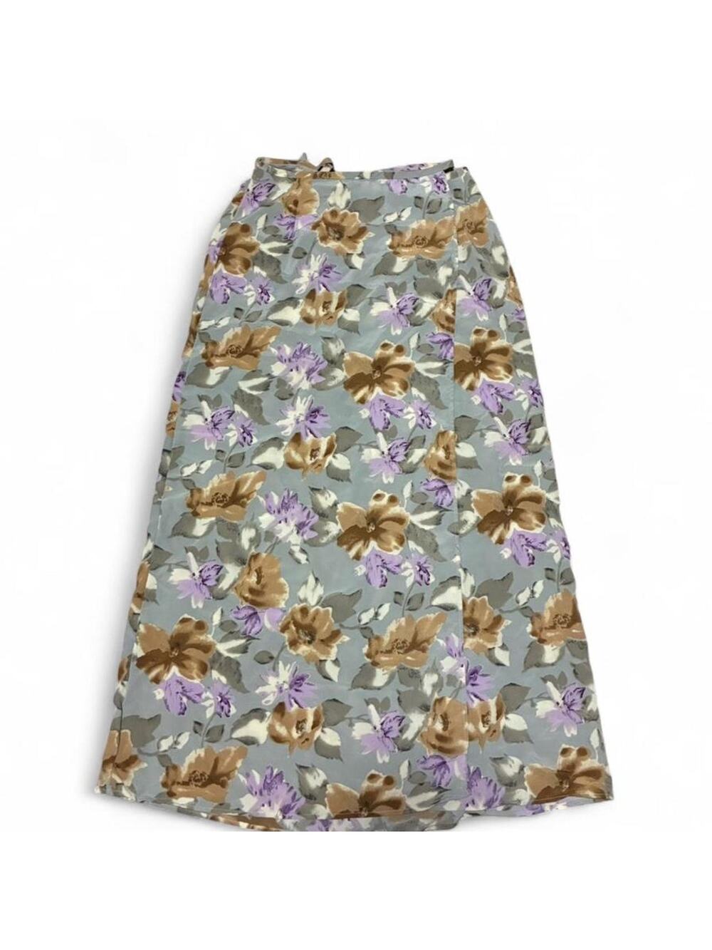 Vintage 90s Whimsical Cottage Core Gray Floral Wrap Maxi Skirt